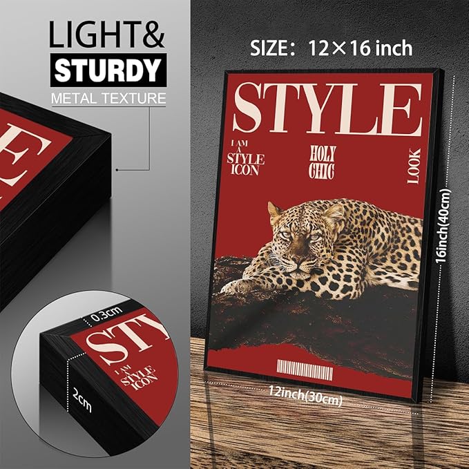 Red Cheetah Wall Art Vintage Trendy Cool Y2k Leopard Style Posters Funky Magazine Aesthetic Cover Canvas Prints 12X16 inch Black Framed for Living Room Bedroom Dorm Wall Decor