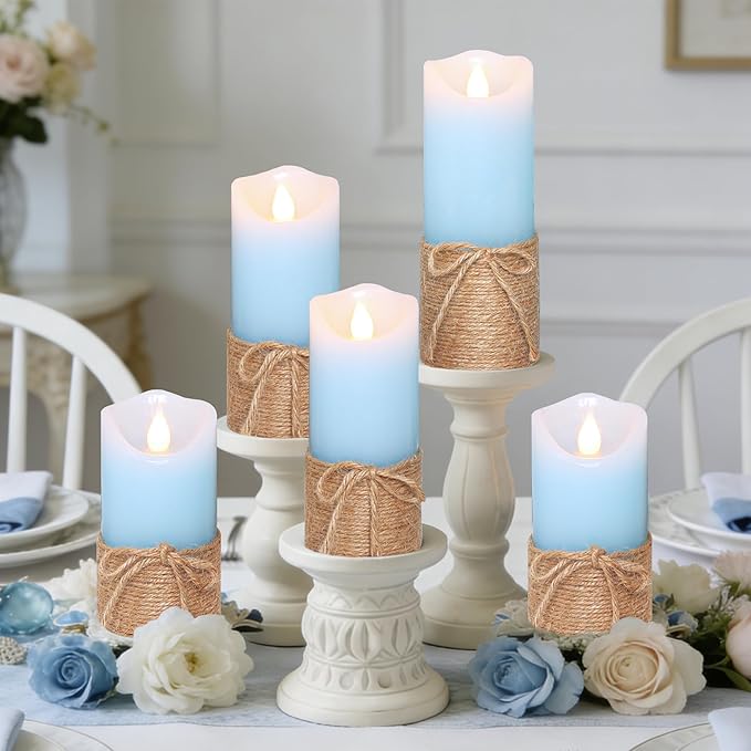 Crystal Club Blue Flameless Candles, Set of 5 Battery Operated LED Pillar Candles with Timer, Real Wax Candle Set with Remote for Home Bedroom Décor