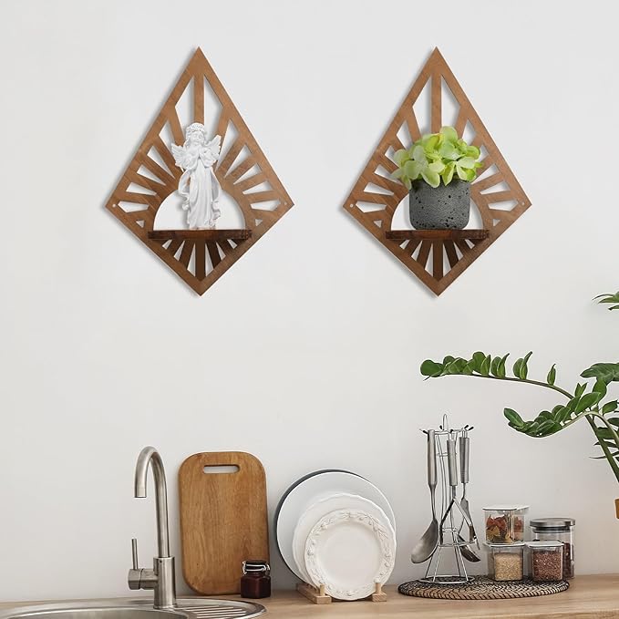 Menkxi 2 Pcs Boho Wall Shelf Mid Century Modern Shelf Wooden Rainbow Floating Shelves Brown Decorative Plant Wall Shelves Natural Vintage Hanging Holder for Nursery Living Room Decor(Diamond)