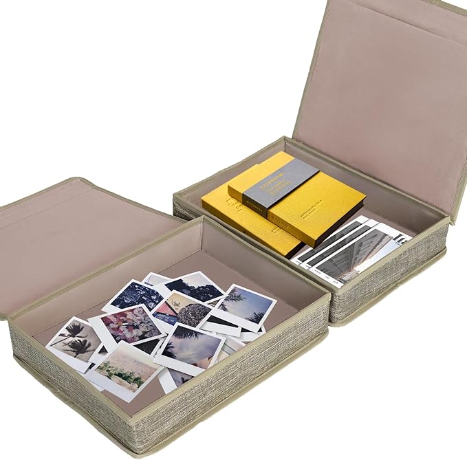 Photo Storage Boxes with Lids, Memory Box for Keepsakes, Picture Organizer Versatile Linen Containers Basket Collapsible Bin for Organizing Home Office, 2 Pack, 14x10.8x2.5 Inch, Coffee