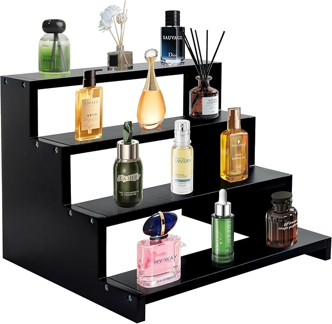 Cologne organizer for men 4 Tier Wooden Cologne Display Organizer Stand Waterproof Anti-Slip Cologne Shelf for Perfume Fragrance Makeup Figures Cupcake Dessert Black Wood Display Stand Riser