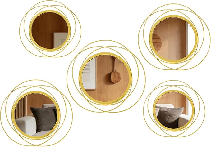 5 Pcs Decorative Round Modern Gold Circle Mirror Metal Wall Mounted Mirror Wall Art Ring for Hallway, Entryway, Living Room, Dining Room, Bedroom
