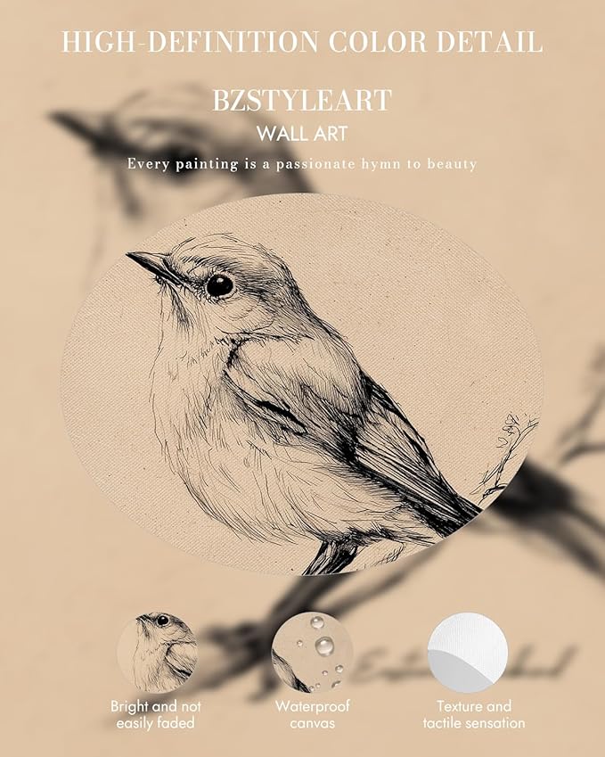 Bzstyleart Vintage Wall Art Decor for Living Room, Framed Vintage Bird Wall Art Canvas Prints Home Decor Aesthetic, Sketch Painting Picture for Bedroom Kitchen, New York State, 12L x 16W