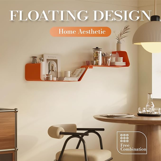 Sttoraboks Floating Wall Shelves Set of 3, Metal Mounted Shelf with Unique Design, Bookshelf for Storage & Display in Bathroom, Bedroom, Kitchen, Living Room, Orange Home Decor