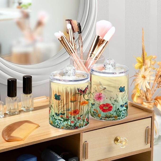 2 Pack Qtip Holder Dispenser for Cotton Ball Dragonfly Butterfly Tulip Flower Swab Round Pads Clear Plastic Acrylic Jar Set Bathroom Canister