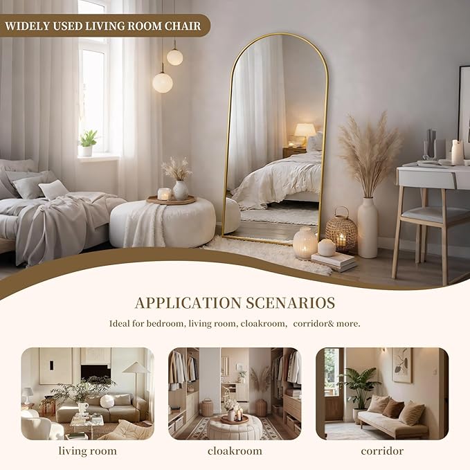 SUNQUEEN 76"x34" Floor Mirror Full Length, Arched Full Length Mirror with Stand, Full Body Mirrors for Bedroom Living Room or Cloakroom Gold