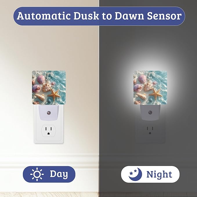 Beach Starfish Night Light Plug Into Wall with Dusk to Dawn Sensor Wall Lamp, LED Nightlights for Bedroom, Bathroom, Kitchen, Hallway, Room Decorative for Boys Girls Women Men Gifts