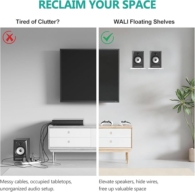 WALI Speaker Wall Mount, Heavy Duty Bookshelf Speaker Floating Wall Shelves, Surround Sound Speakers Stand for Living Room, Home Theater and Gaming Room, Holds up to 55 Lbs, (SWM302W), 1 Pair, White
