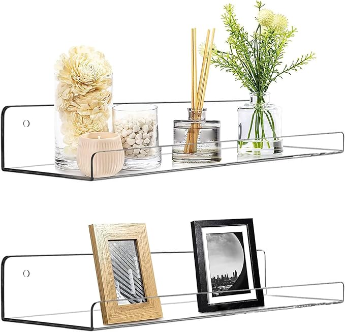 2pcs Acrylic Floating Shelves Adhesive Invisible Wall Shelf No Drilling Organizer for Bathroom Bedroom Clear Display Makeup Organizer