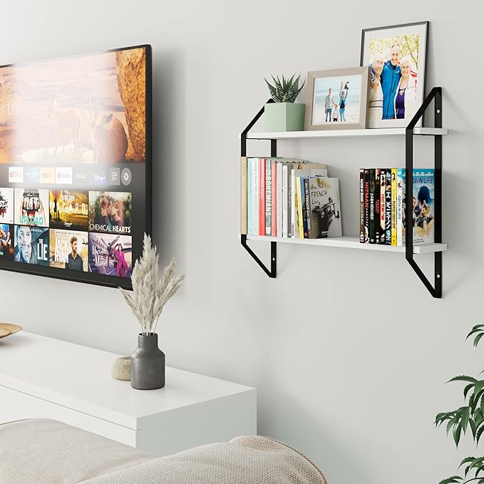 Wallniture Ponza Floating Shelves for Living Room Decor, 24" Bookshelf Wall Decor, 2 Tier Bathroom Organizer & Kitchen Organization, White Wall Shelves Bedroom Decor