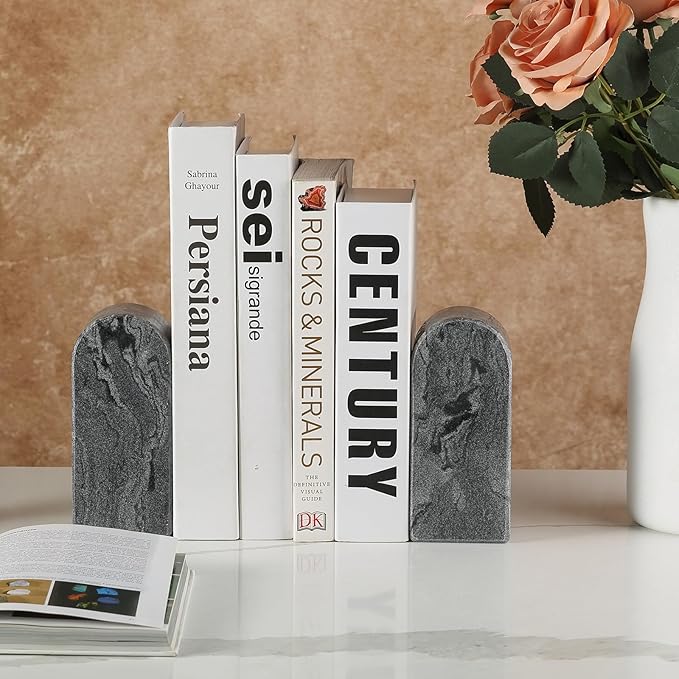 Koville African Natural Marble Bookends for Shelves, 7lbs Heavy-Duty Marble Book Holders, Decorative Book Ends, Bookshelf Apartment Decor for Normal Books/CD/Video Games