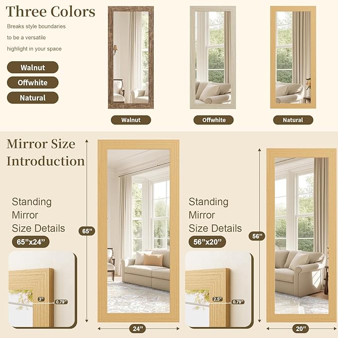 Syndra Modern Full Length Mirror Wood Frame, 56x20'' Large Floor Mirror with HD Tempered Glass & Wall Mount Option, Rectangular Standing Mirror for Bedroom, Living Room, Entryway, Farmhouse(Natural)
