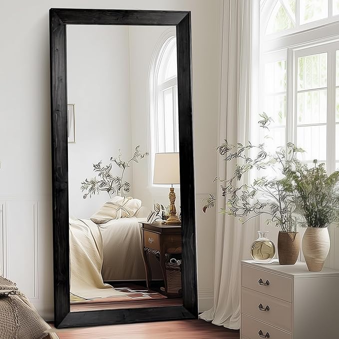 Oversized Black Full Length Mirror 71"x32" - Beveled Solid Wood Frame Wall Mounted or Leaning - Modern Minimalist Dressing Mirror
