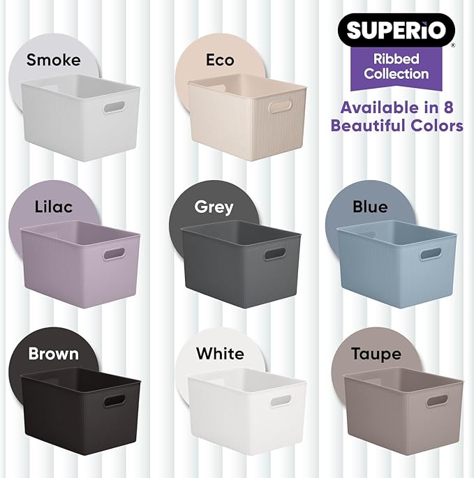 Superio Ribbed Collection - Decorative Plastic Basket Open Home Storage Bins Organizer, X-Large Taupe (2 Pack) Container Boxes for Organizing Closet Storage Bins for Shelves 22 Liter/23 Quart