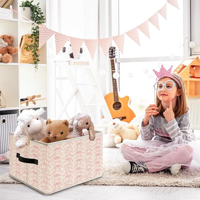 Pink Coquette Bow Floral Storage Bin Box with Handles, French Country Rustic Pink Flower Foldable Organizer Basket Toybox for Girls Room Dorm Bedroom Bathroom Clothes Toys Books