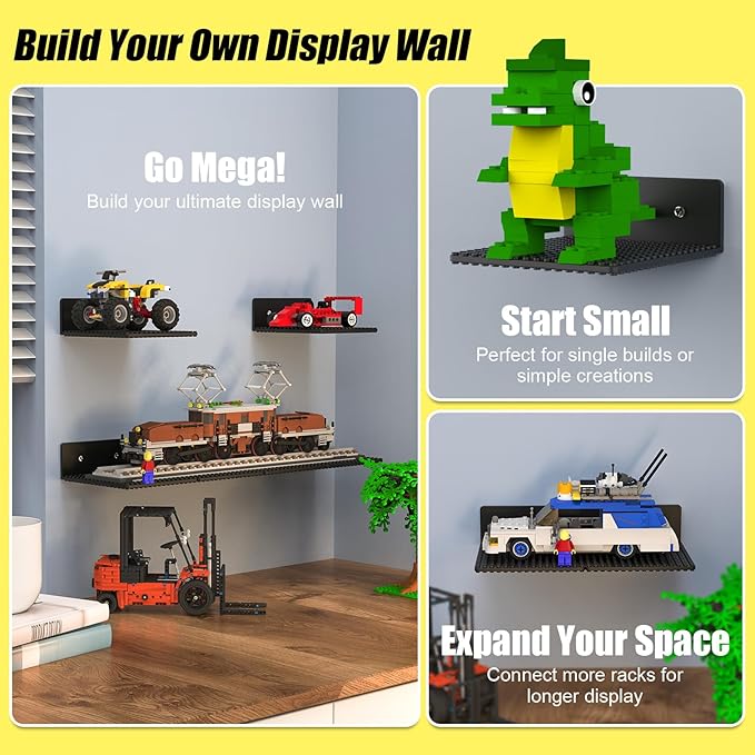 BlissBox 6-Pack Floating Shelves for Wall Compatible with Lego Building Bricks, 5x5.5inch Dual‑Sided 16x17 Studs for Toy Brick Storage and Display, ABS Display Shelves for Room Decor, Black