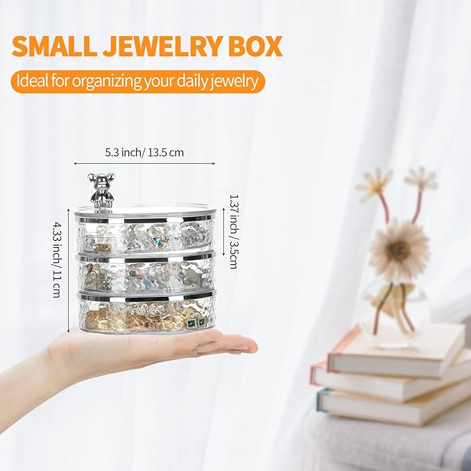 LETURE 3-Layers Rotatable Jewelry Organizer Storage Box, Clear Ripple Jewelry Holder Case for Ring Earring Necklaces Bracelets Makeup Hair Accessories, Small Rotating Jewelry Tray for Women (Clear)