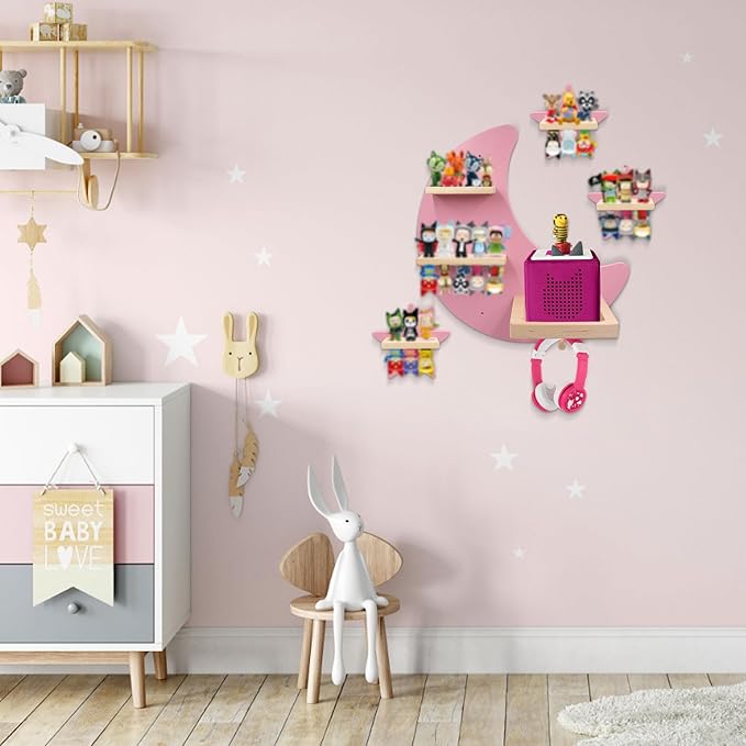 Taladad for Toniebox 2 and Toniebox 1 Tonie Shelf Wall Mounted Set of 4 (Moon and 3 Stars),Tonies Figures Tonies Storage,Magnetic Wooden Floating Shelves Compatible with Tonie Box Player Character