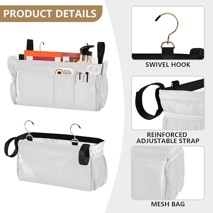 White Bedside Caddy Storage Bag Bedside Organizer for Bunk Bed Headboards College Hanging Storage Organizer 6 Pockets with Hooks for Drinks Magazine Phone Holder