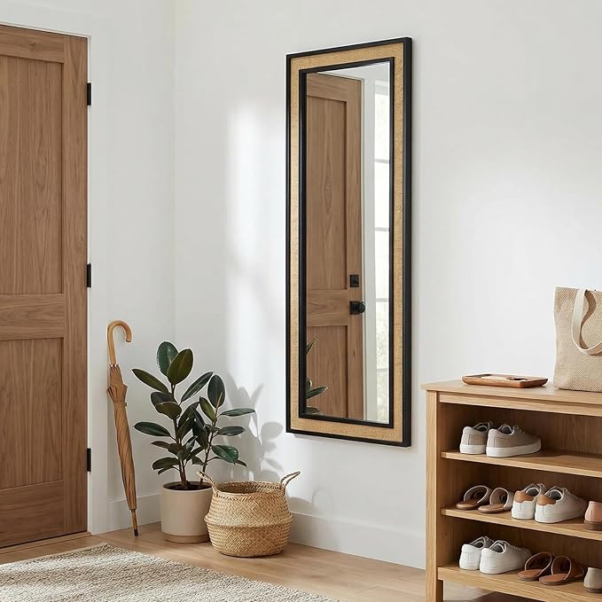 Rattan Full Length Mirror,24"x60" Long Rattan Wall Mirror,Wooden Mirror with Wicker Frame,Decorative Full Body Mirror Hanging,Farmhouse Rectangle Floor Mirror for Bathroom Living Dressing Room Black