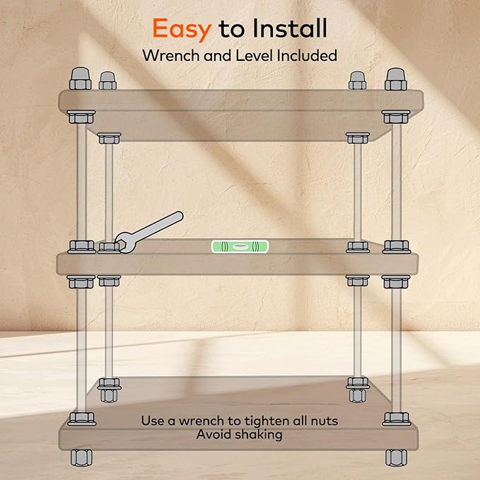 Solid Wood Coffee Station Organizer & Spice Rack for Kitchen Countertop, Corner 3 Tier Industrial Heavy-duty Adjustable Shelf with 304 Thread Rod for Coffee Bar Accessories, Walnut Finish
