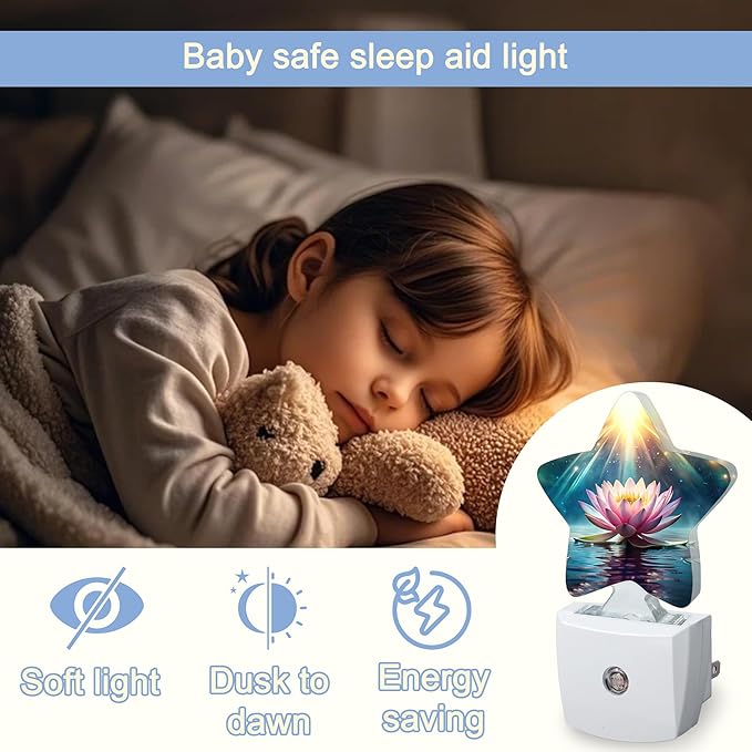 Pink Lotus Flower Night Lights Plug Into Wall,Glowing Floral Star Night Light for Kids,Nightlight with Dusk to Dawn Smart Sensor for Bedroom Bathroom Decor,Children Women Men Gift