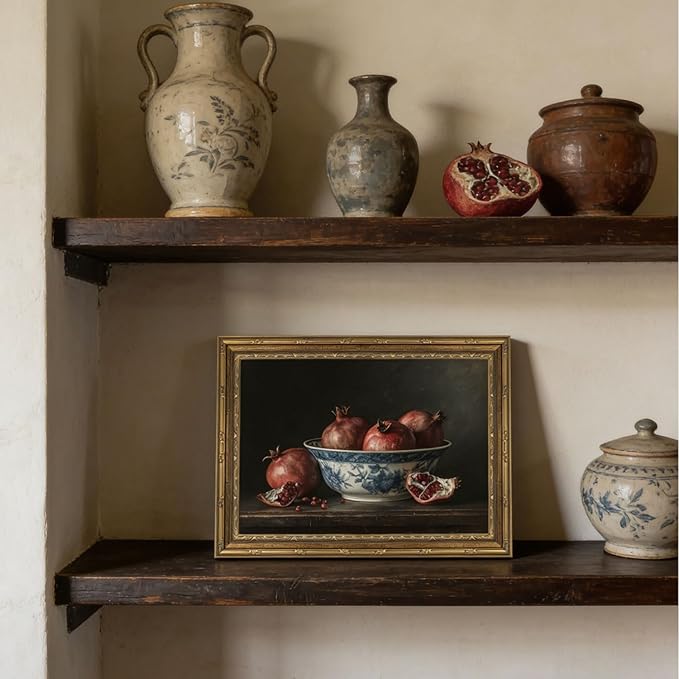 Gold Framed Wall Art Vintage Pomegranate Still Life Wall Art Fall Red Fruit Wall Decor Picture Rustic Farmhouse Autumn Kitchen Poster Print Country Cottage Gallery Aesthetics Decoration 12x16in