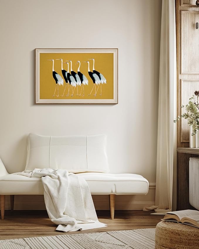 VIYYIEA Framed Wall Art for Living Room, Cranes Canvas Prints, Vintage Home Decor, Animals Oil Painting Picture, Bathroom Wall Decor Gifts for Friends or Family -【Seven Cranes】-(36L x 24W)