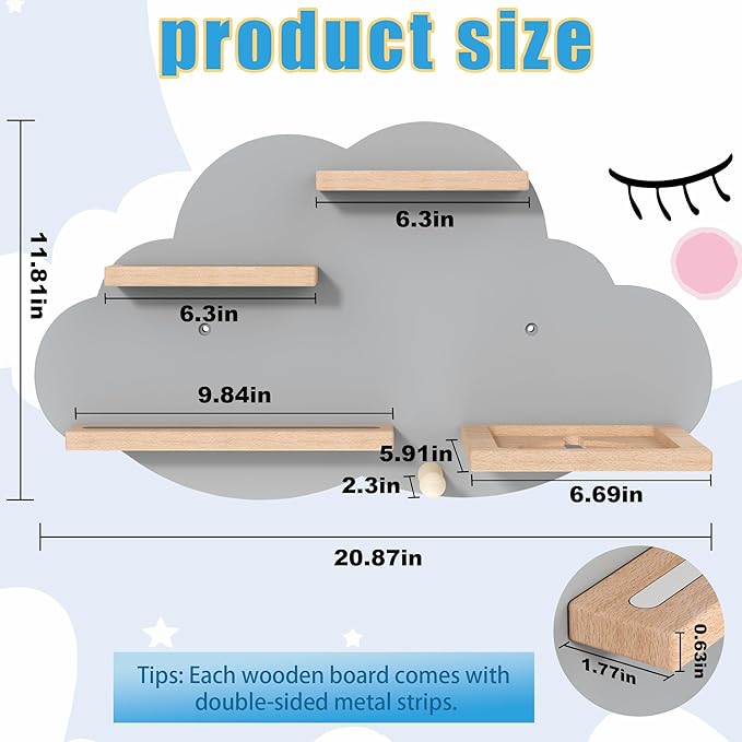 Grey Cloud Tonies Shelf Wall Mounted, Magnetic Floating Shelves with Hook for Toniebox, Tonies Characters & Earphones, Wooden Tonie Storage Shelf for Children Room