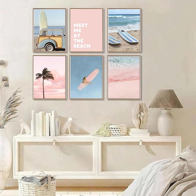 6Pcs Pastel Beach Wall Art Prints Pink Blue Coastal Granddaughter Wall Decor Pictures Summer Beachy Palm Trees Aesthetic Posters for Girly Bedroom Dorm Apartment Home Decoration Unframed 12x16in