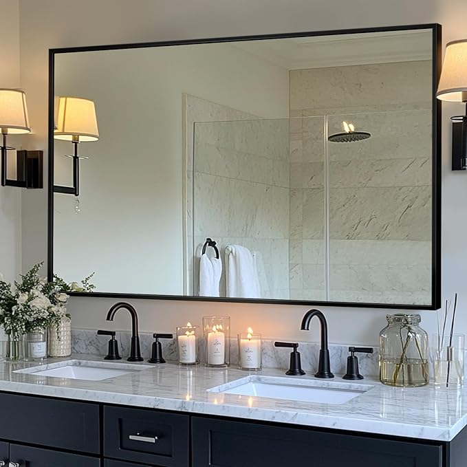 Antok 48x36 Black Metal Framed Bathroom Mirror, Wall Mirror with Rect Corners, Vanity Mirror for Over Sink, Anti-Rust Tempered Glass, Horizontal/Vertical Hanging for Bathroom, Living Room, Entryway