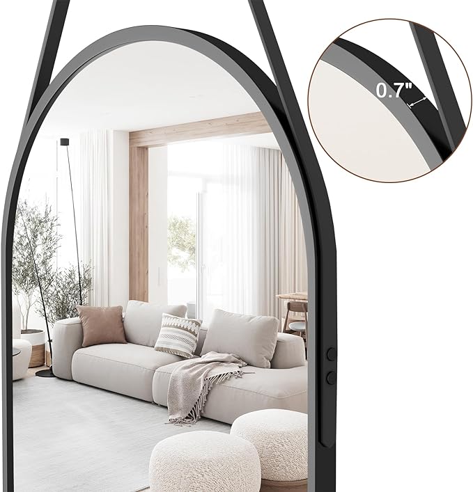 Full Length Mirror, Oval Wall Mounted Mirror, 48"x16" Door Mirrors Full Length with Hanging Leather Strap with Aluminum Frame for Bathroom Living Room Entryway (Black)