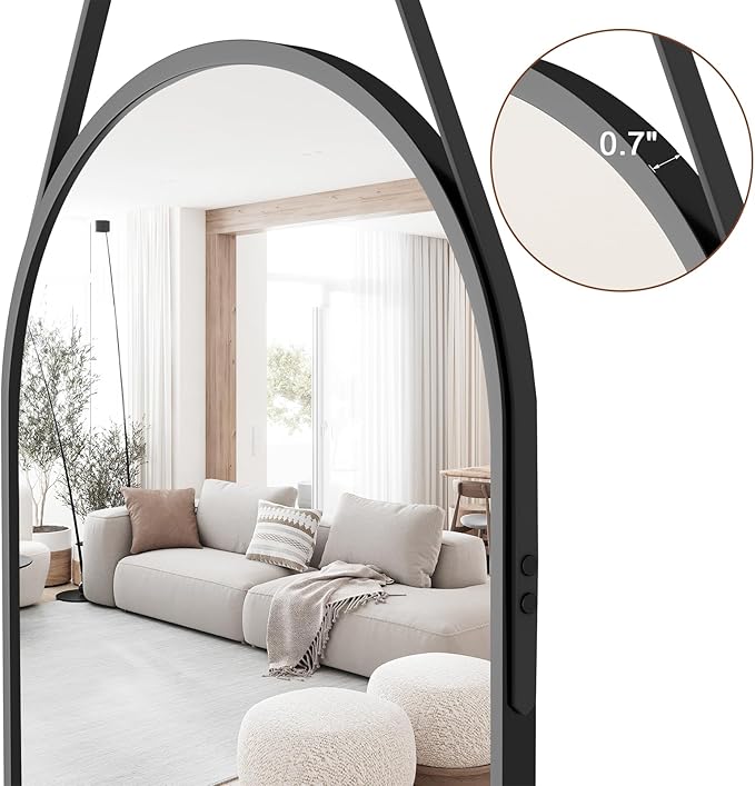 Full Length Mirror, Arched Wall Mounted Mirror, 48"x16" Door Mirrors with Hanging Leather Strap, Wall Mirrors Full Length with Aluminum Frame for Bathroom Living Room Entryway (Black)