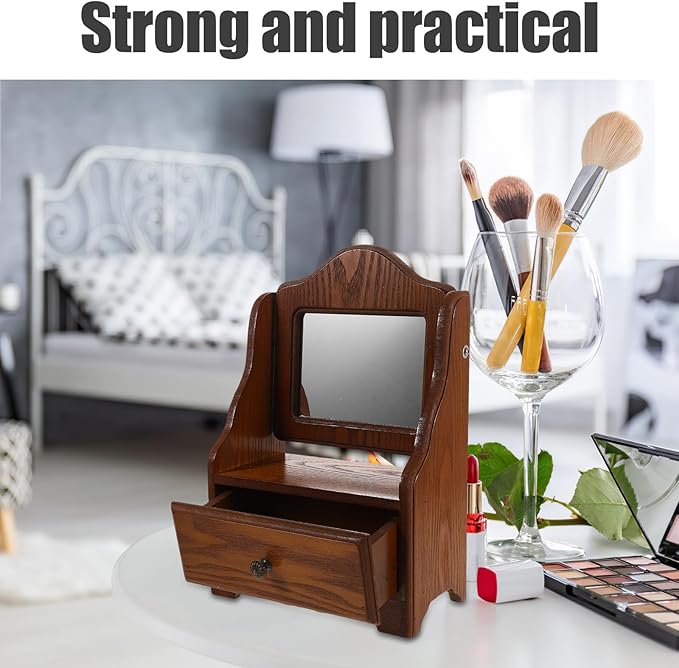 Rustic Wood Vanity Mirror with Storage Drawer, Square Tabletop Makeup Mirror for Bedroom and Bathroom Organizer, Small Desk Vanity for Women’s Dressing Table
