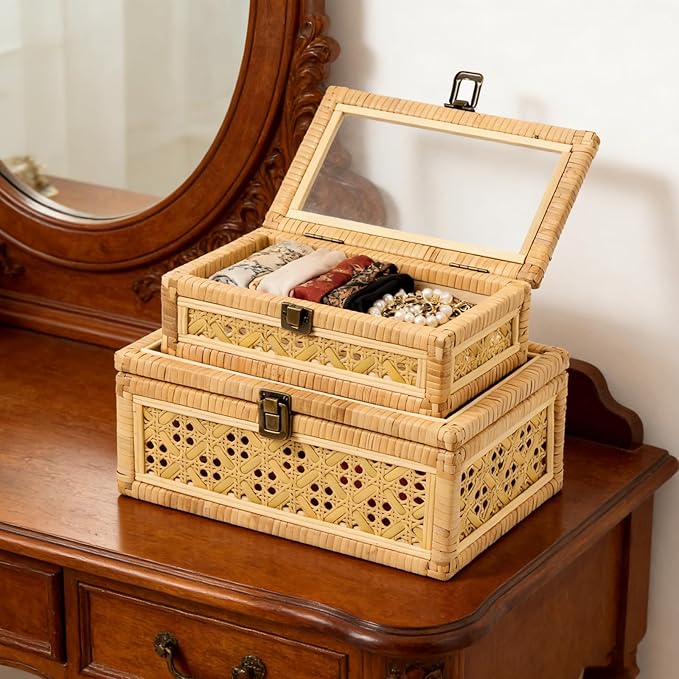 Decorative Rattan Box with Clear Glass Lid Wooden Frame Handmade Boho Natural Wicker Basket Woven Cane Bin Keepsake Memory Jewelry Organizer Rectangular Desk Shelf Closet Container (Small)