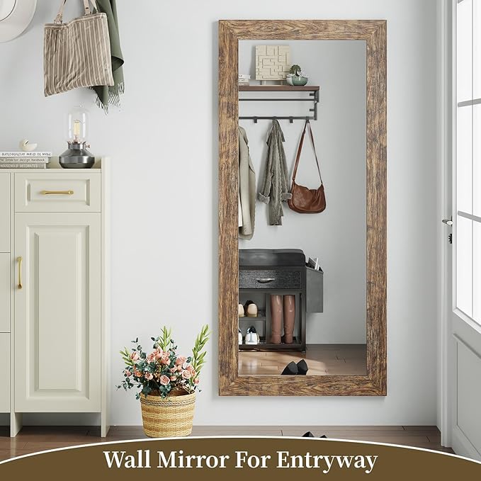 Syndra Modern Full Length Mirror Wood Frame, 65x24'' Large Floor Mirror with HD Tempered Glass & Wall Mount Option, Rectangular Standing Mirror for Bedroom, Living Room, Entryway, Farmhouse(Walnut)