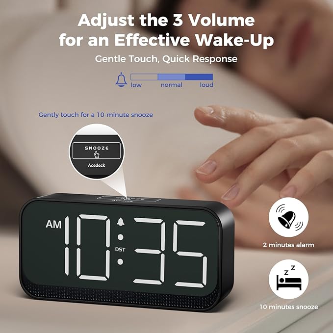 Acedeck Battery Operated Digital Clock: Cordless Small Alarm Clock for Bedroom Travel - Large Numbers 4 Dimmers for All Ages White Digits
