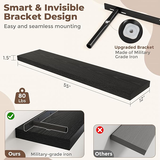 Fun Memories 55 Inch Fireplace Mantel Shelf, 12 Inch Deep Shelves for Display & Wall Storage, Rustic Wood Wall Shelf, Extra Long Floating Shelves for Bathroom Bedroom Living Room, Black, 2 Pack