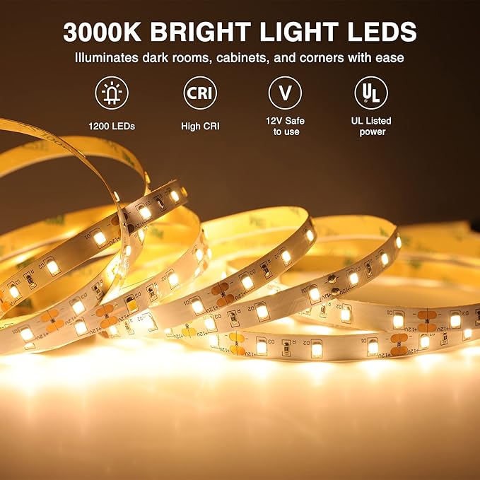 Onforu Warm White LED Strip Lighting, 65.6ft 3000K Dimmable Led Tape Light, 20m Bright 1200 LEDs 2835 Flexible Ribbon Christmas Light, 12V Adhesive Rope Lights for Kitchen, Under Cabinet, Bedroom