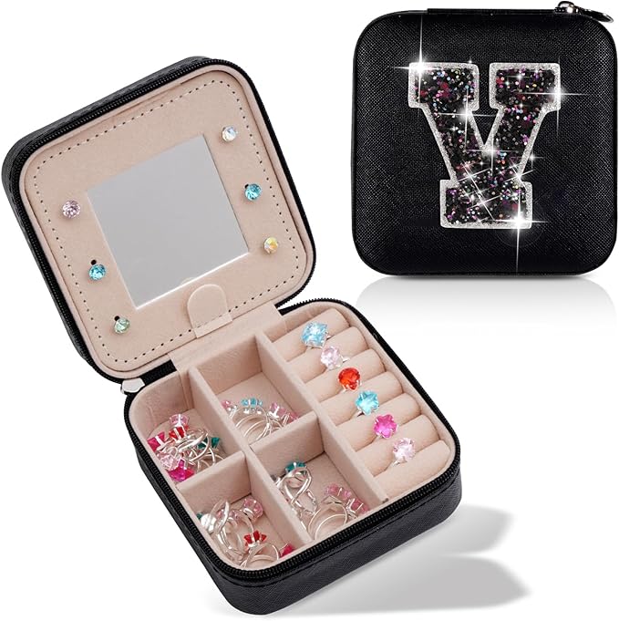 Uygafly Personalized Jewelry Case for Women Girls - Fashion Mini Jewelry Boxes - Trendy Travel Jewelry Organizer with Initials Letter - Teen Gifts | Black,V