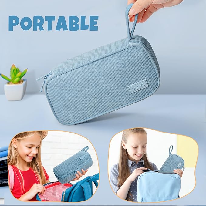 SUNEE Cute Pencil Case, Large Capacity Pencil Pouch Aesthetic Zipper Pencil Bag, Big Storage Pen Organizer for Stationery, Soft Corduroy Pencil Box Back to School Supplies for Teen Girls Boys, Blue