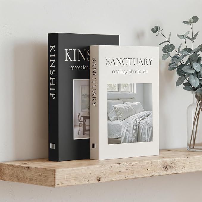 Decorative Storage Books for Home Decor (Set of 2) - Faux Book Box with Secret Compartment - Industrial & Minimalist Coffee Table Centerpiece - Sanctuary & Kinship (Matte Black & Beige)