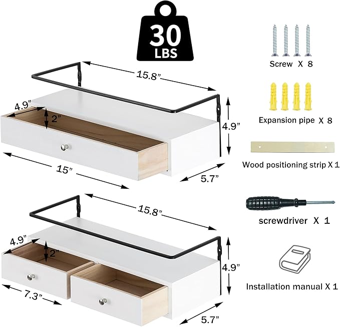 DreamPossible Floating Shelves for Wall Storage - Wall Mounted Bathroom Shelf Set of 2 with Drawers, Rustic Wood Shelves for Bedroom, Living Room, Kitchen, Home Decor, Plants, Books