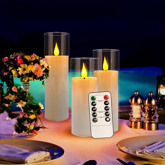 YOROXRG Set of 24 Flickering Flameless Candles Battery Operated with Remote and 2/4/6/8 H Timer Plexiglass Led Pillar Candles with Realistic Moving Wick Candles for Home Decor (D2.2"xH 5"6"7")(White)