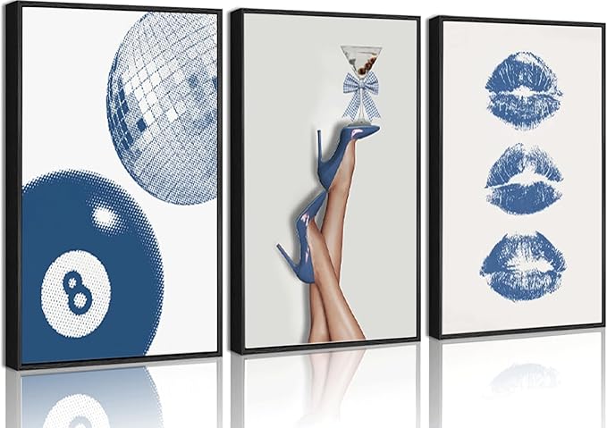 3Pcs BlueTrendy Aesthetic Canvas Wall Art,Fashion High-Heeled Shoe Print Posters,Lucky 8 Ball Lip Pictures,Y2K Stylish Wall Decor for Girls' Bedroom Dorm Apartment. 12x16in Framed