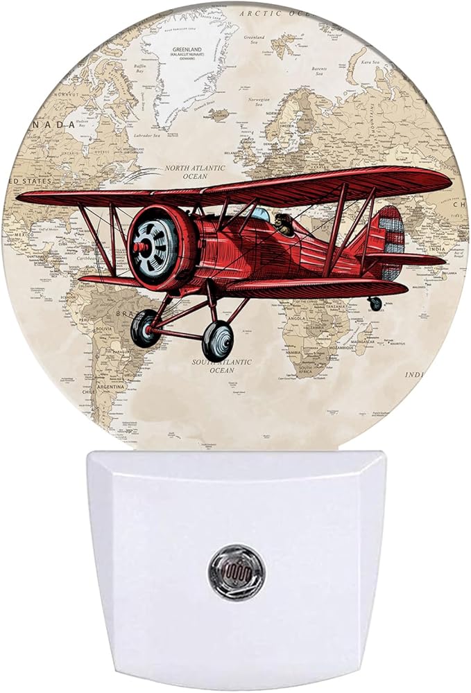 Vintage Airplane Night Light World Map Night Lights LED Lamp Round Plug into Wall Nightlight with Dusk to Dawn Sensor Home Hallway Stairway Kitchen Decor