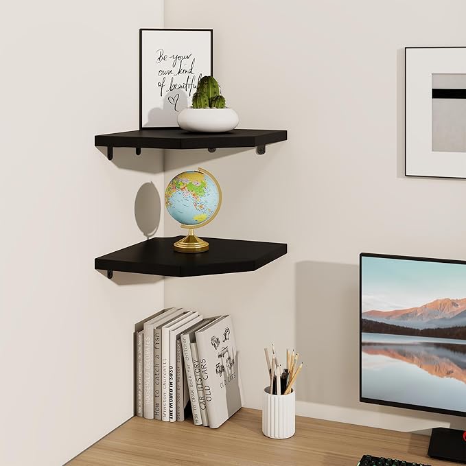 Fun Memories Corner Shelf Wall Mount Set of 2 - Solid Oak Wood Floating Corner Shelf with Cable Hole, 10in Rustic Design for Bedroom, Living Room, Kitchen (Black)