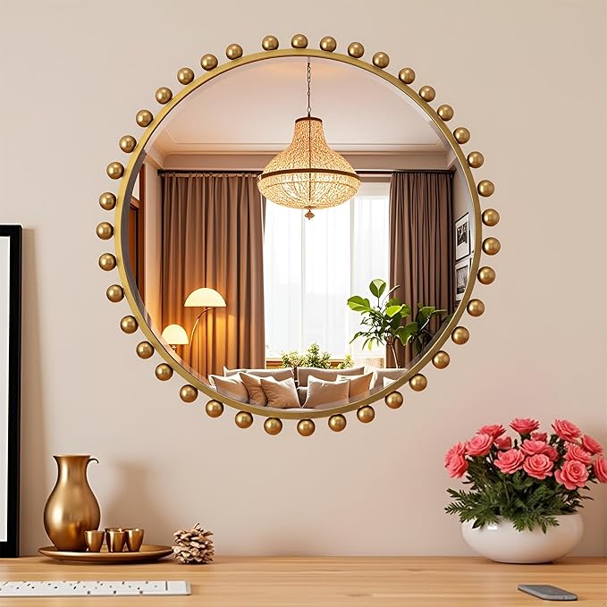30 Inch Round Wall Mirror with Antique Gold Ball Frame, Beveled Decorative Round Accent Mirror, Vintage Gold Sunburst Style Mirror for Bedroom, Living Room, Entryway, Hallway & Wall Decor