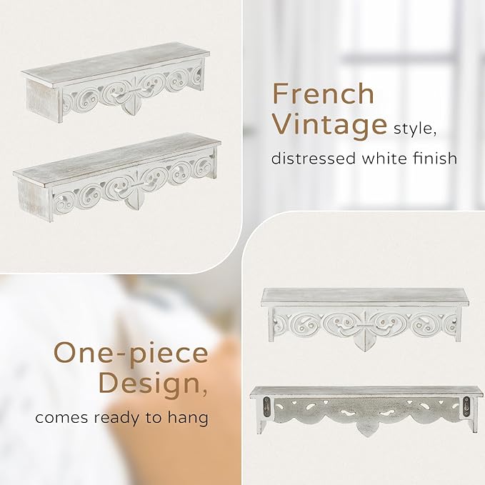 White Vintage Wall Shelves Decor - Antique Floating Shelf Wood Wall French Country Decor Farmhouse Rustic Hanging Shelves for Living Room Bedroom (16.5"+15")
