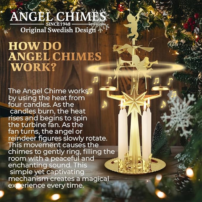 Original Swedish Angel Chimes, Carousel and 4 Candles – Scandinavian Spinning Festive Chimes for Christmas, Best Memorial Gift Since 1948, Home Decorations - Gold Brass